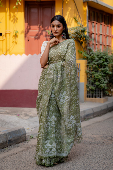 Pista Green Batik Kantha Linen Saree - BBS145